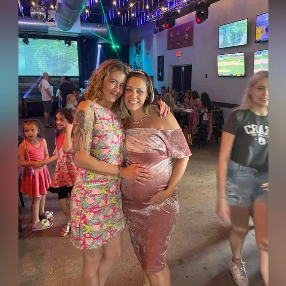 Custom Maternity Elegant Pink Velvet Velour Off-Shoulder Midi Dress Shower - Picture 8 of 10